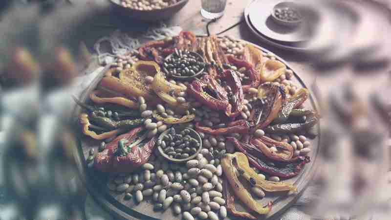 Meera Sodha's Vegan Roast Peppers, Cannellini Beans, and Crisp Capers: A Vibrant Platter of Flavors, Concept art for illustrative purpose, tags: cannellini-bohnen und - Monok